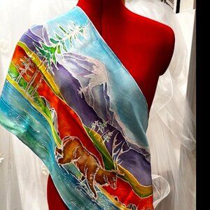 SALE: Original Handpainted Habotai Silk Scarf - 14" x 60" - "Elk in Yellowstone"